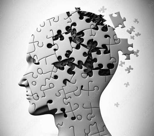 A puzzle piece head with missing pieces.